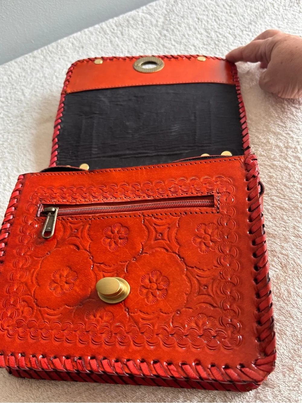 Brown Reddish Floral Embossed Faux Leather Crossbody Bag Adjustable Strap Boho
